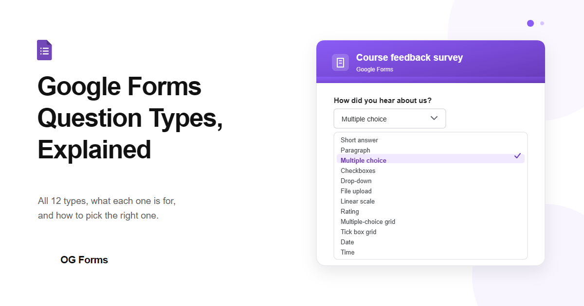 Google Forms question types, with the question type menu open on a question