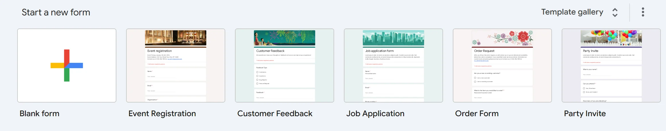 The Google Forms home page with Blank form and five templates under Start a new form