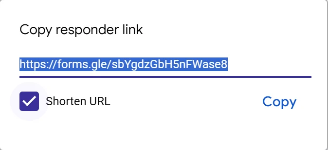 The Copy responder link box with Shorten URL ticked and a short forms.gle link
