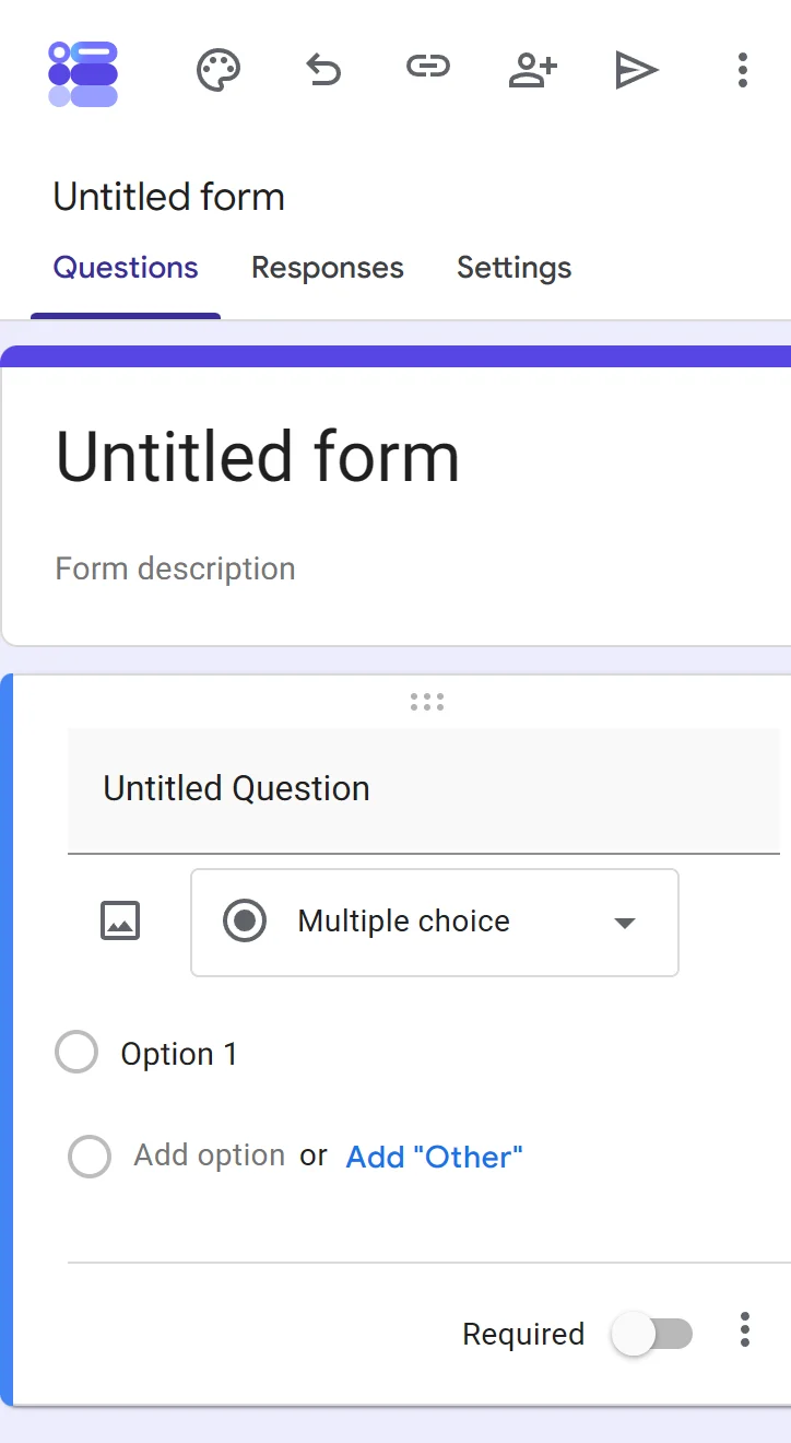 The Google Forms editor on a phone-sized screen, with the paper plane Publish icon at the top